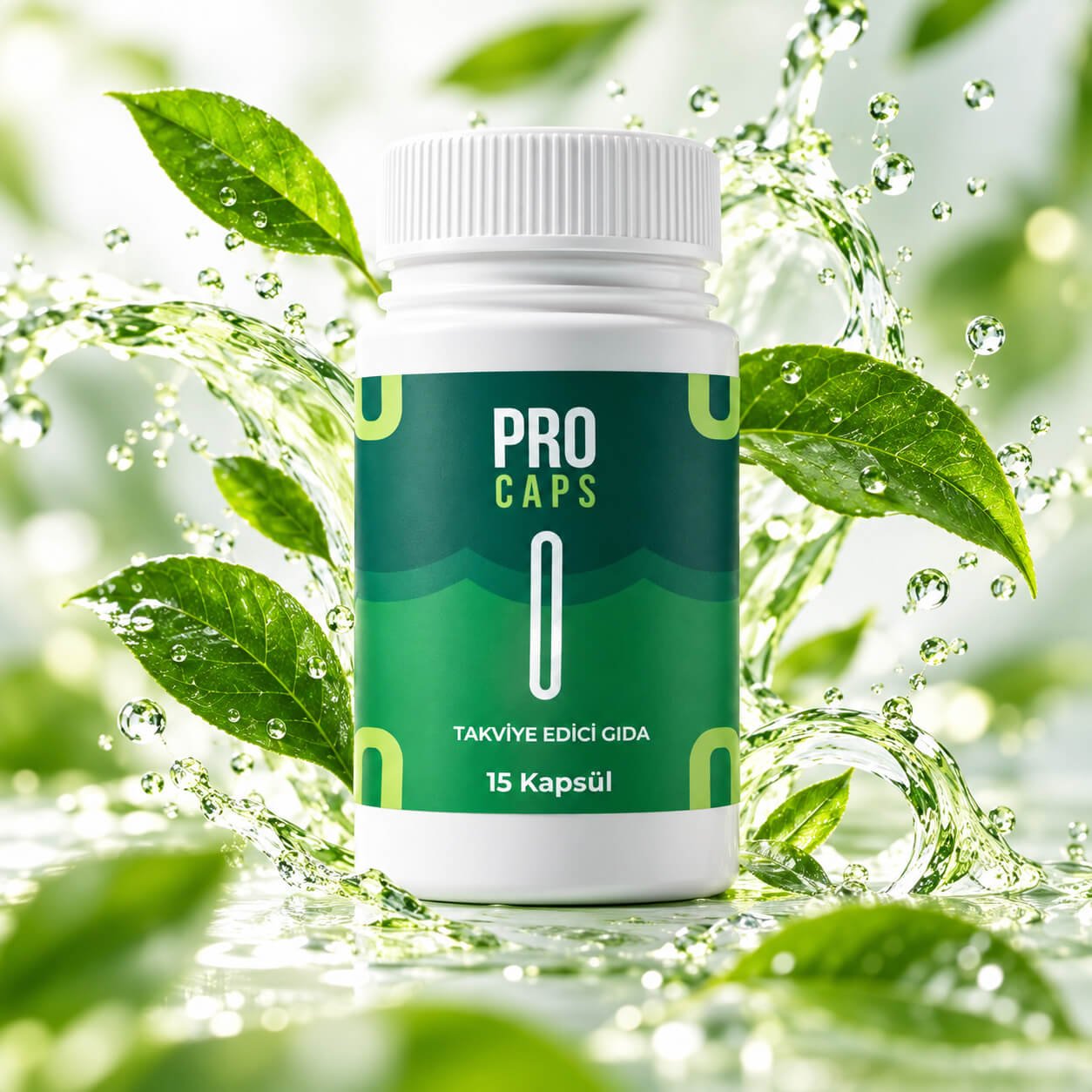 Pro Caps 15 kapsül şişe, yeşil yapraklar arasında